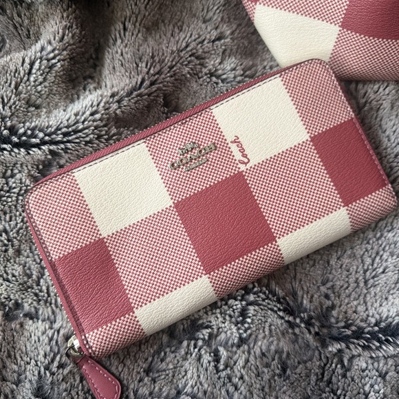 COACH Buffalo Plaid Red Pink Tote Bag Leather Trim & Full Size Wallet Wallet - Picture 2 of 16